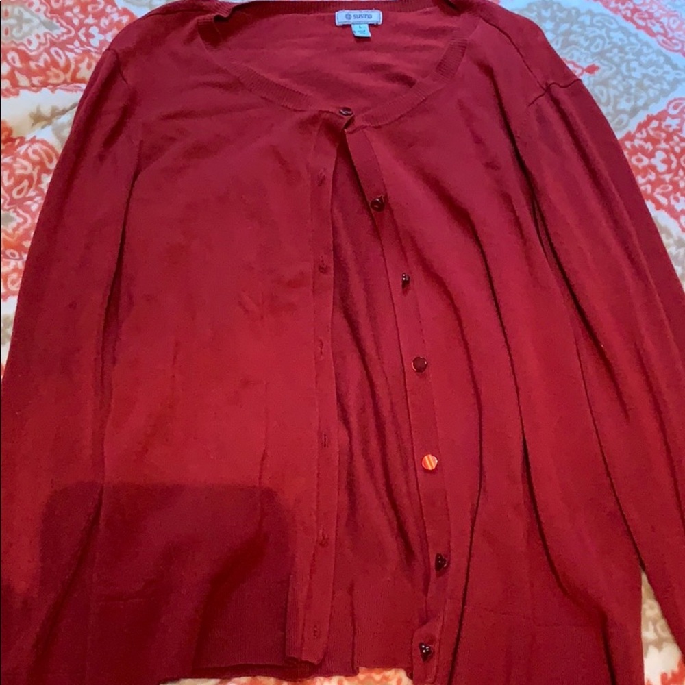 Red button-down cardigan